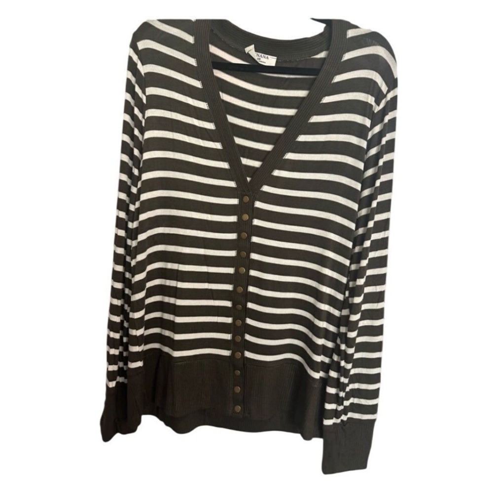 NEW Zenana Women's 2X Olive Green White Striped Button Front Cardigan Long Slv - Picture 2 of 4